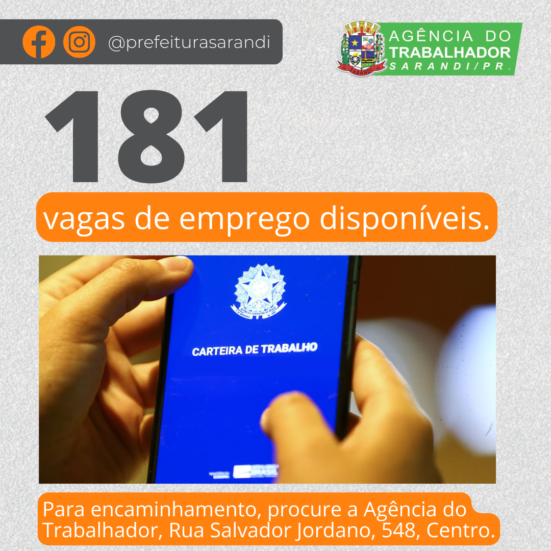 Agência do Trabalhador de Sarandi está com 181 vagas disponíveis para esta semana (26/09 ao dia 30/09)